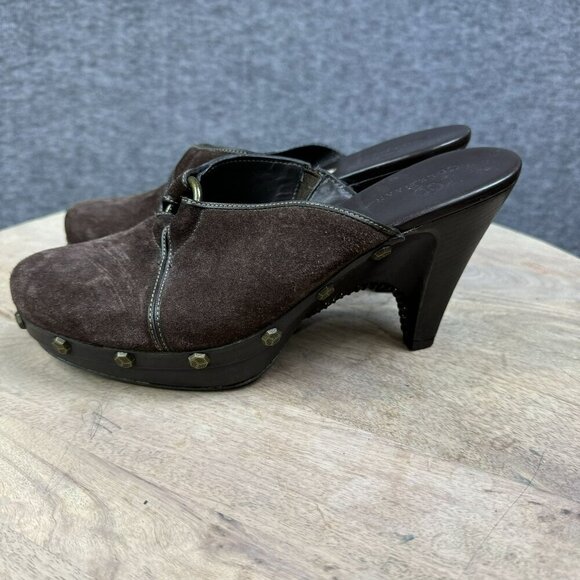 Cole‎ Haan Womens Brown Suede Wooden Mules Heels Clogs Studded Size 7 B - Picture 9 of 10
